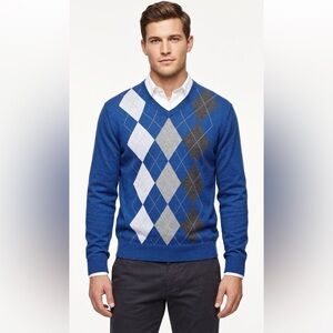 Banana Republic Argyle V-Neck Sweater - Blue/Grey - Size L
